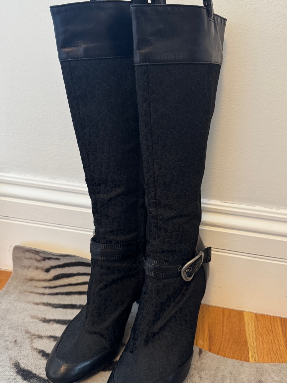 Dior Black Knee-High Logo Fabric Heeled Boots with Buckle Detail